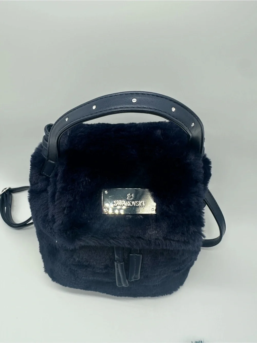 Swarovski Black Faux Fur Mini Backpack with Logo Plate